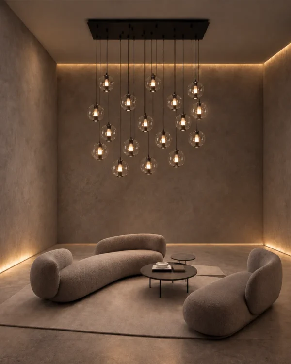 Esadora 17-light coffee and cognac rectangle chandelier in a modern interior