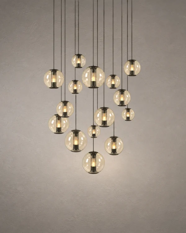 Esadora coffee and cognac cluster chandelier with suspended spherical lights