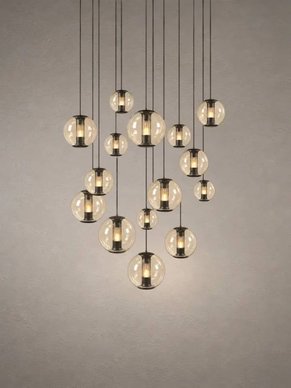 Esadora coffee and cognac cluster chandelier with suspended spherical lights