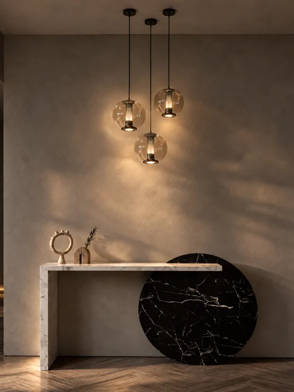 Esadora Large coffee and cognac pendant lights arranged in a modern interior
