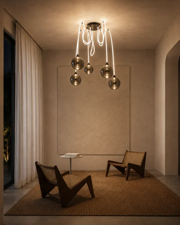 Evadne modern cluster chandelier with smoky glass globes in a contemporary interior