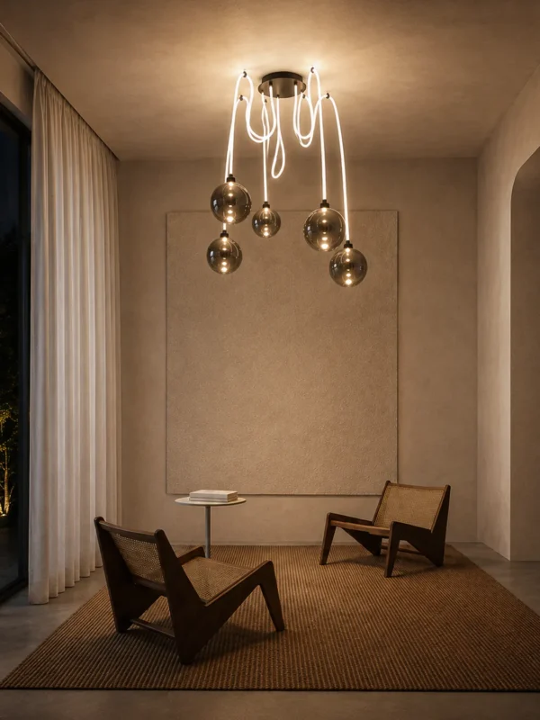 Evadne modern cluster chandelier with smoky glass globes in a contemporary interior