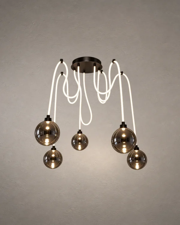 Evadne modern cluster chandelier with smoky glass globes and white suspended cords