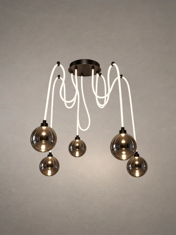 Evadne modern cluster chandelier with smoky glass globes and white suspended cords