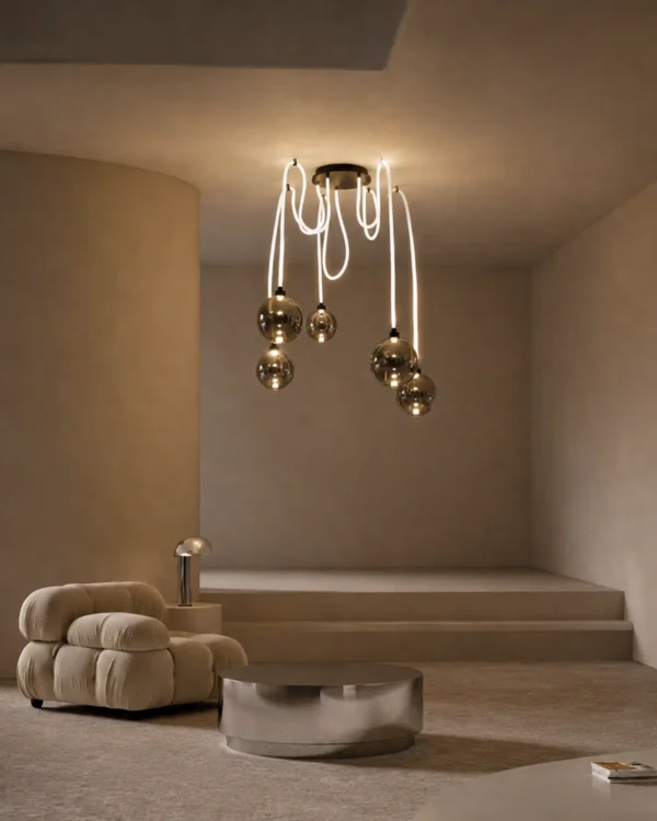 Evadne smoky glass cluster chandelier illuminating a contemporary living room