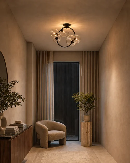Hebe glass globe ceiling light illuminating a contemporary hallway