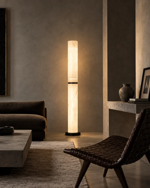 Holden bronze and black floor lamp illuminating a contemporary living room