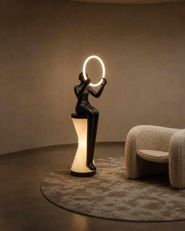 Humano Mirror sculptural floor lamp with illuminated circular light in a modern interior