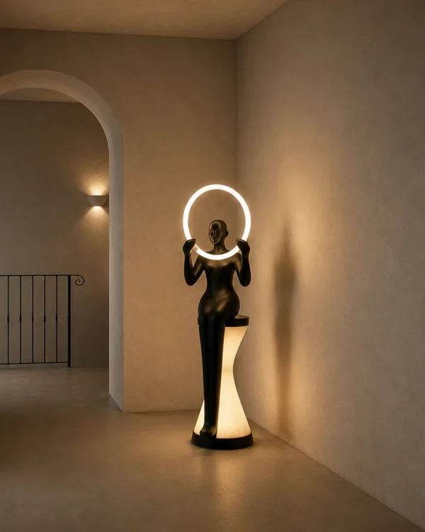Humano Mirror matte black sculptural floor lamp illuminating a modern hallway
