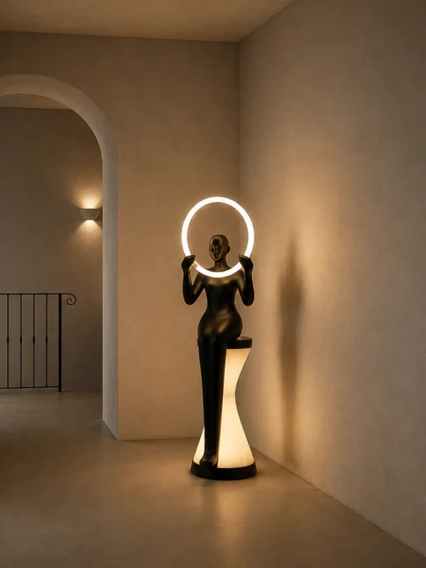 Humano Mirror matte black sculptural floor lamp illuminating a modern hallway