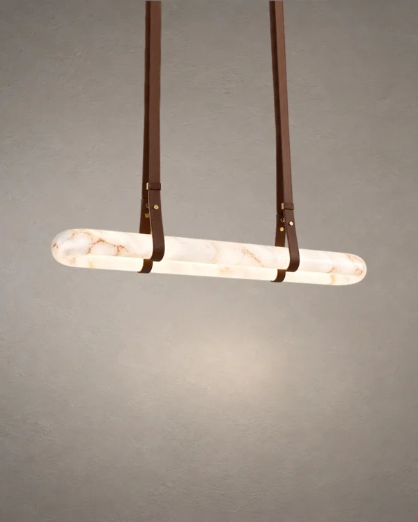 Ianthe dark brown linear chandelier with suspended straps and illuminated detailing