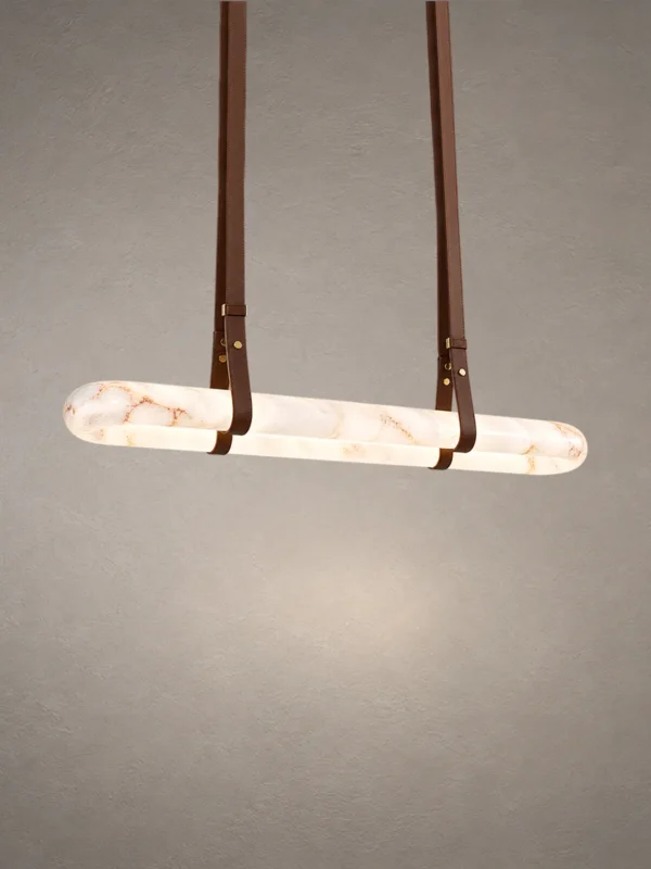 Ianthe dark brown linear chandelier with suspended straps and illuminated detailing