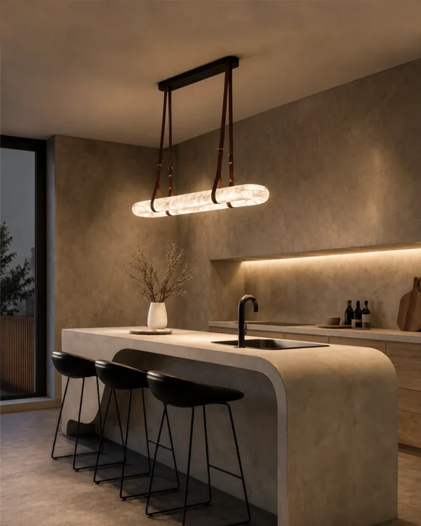 Ianthe dark brown linear chandelier above a contemporary kitchen island