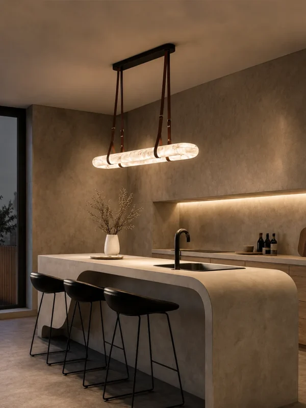 Ianthe dark brown linear chandelier above a contemporary kitchen island