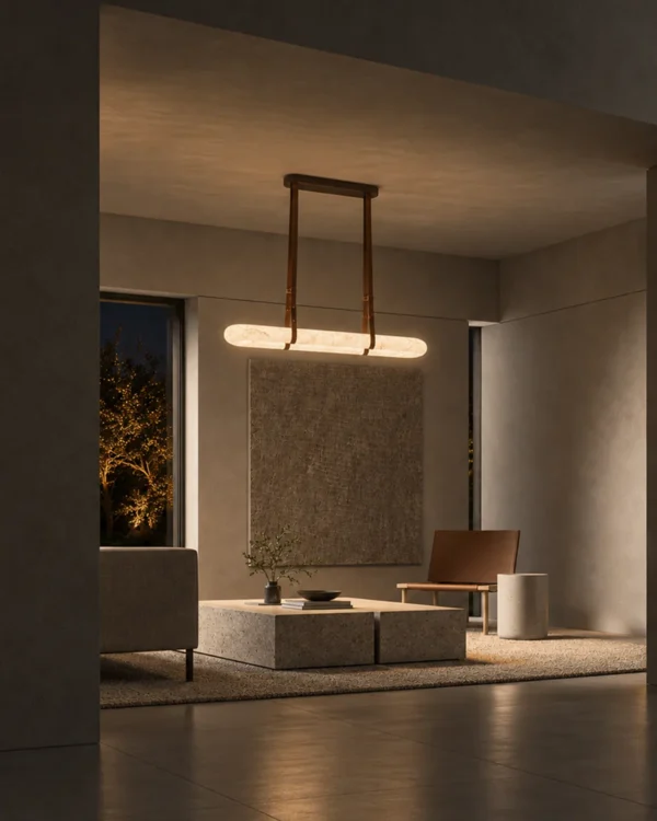 Ianthe dark brown linear chandelier illuminating a modern interior