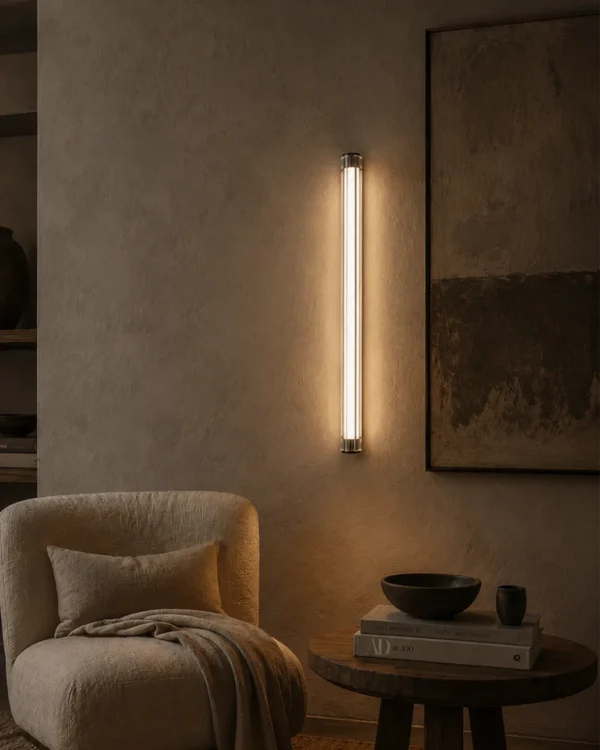 Keaton Gun Black linear wall lamp illuminating a contemporary interior