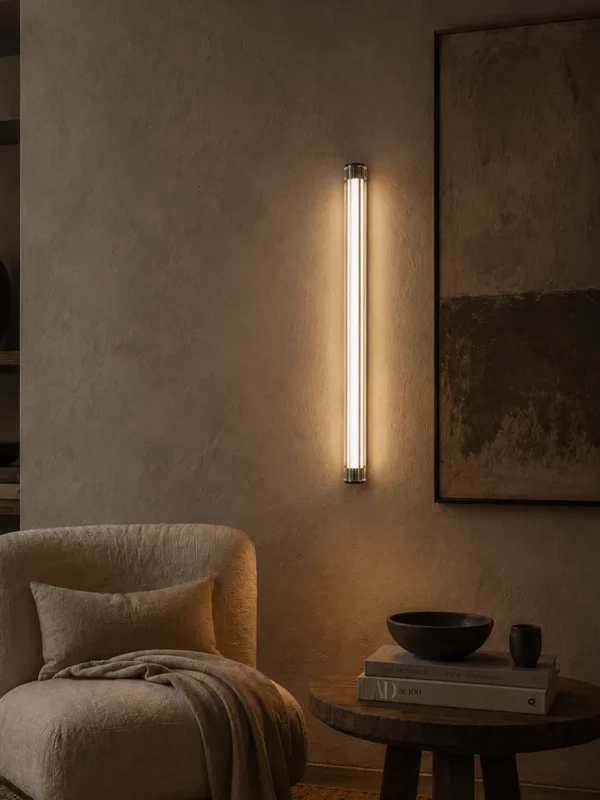 Keaton Gun Black linear wall lamp illuminating a contemporary interior