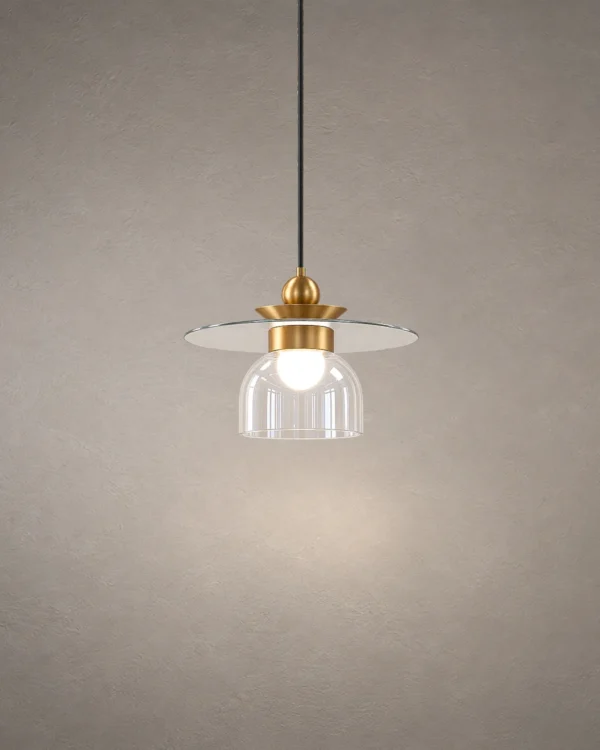 Lara brass gold pendant light with layered circular shade and clear glass element