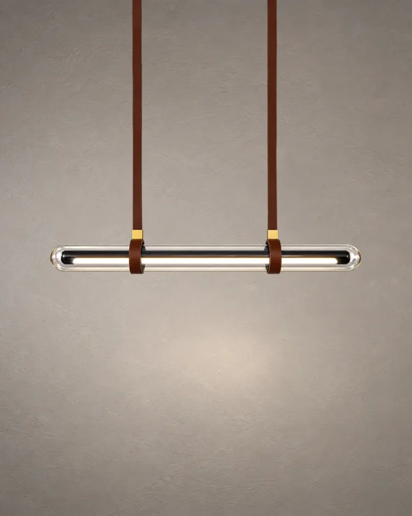 Maia brown modern linear chandelier with a slim illuminated horizontal bar