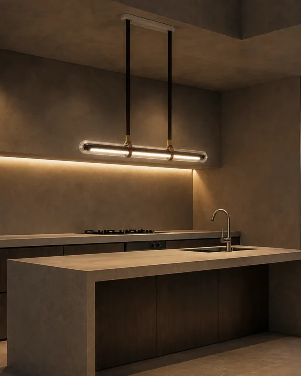 Maia modern linear chandelier above a contemporary kitchen island