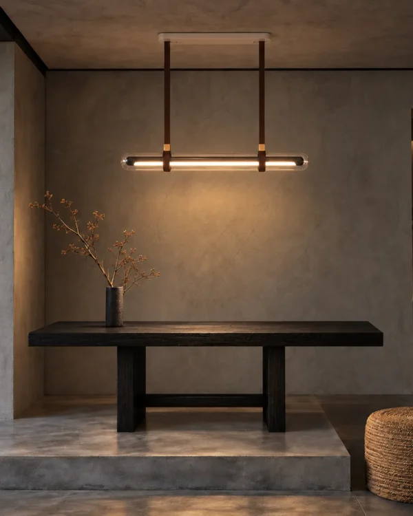 Maia modern linear chandelier illuminating a contemporary dining interior