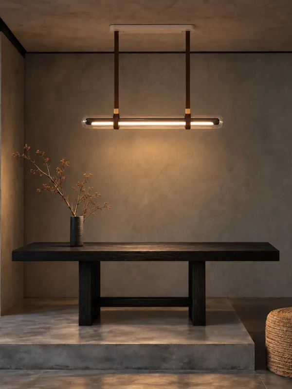 Maia modern linear chandelier illuminating a contemporary dining interior