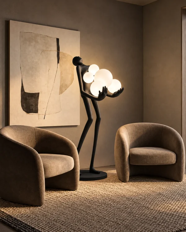Maravel sculptural floor lamp with glowing globe lights in a contemporary living room