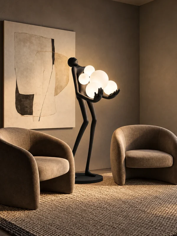 Maravel sculptural floor lamp with glowing globe lights in a contemporary living room