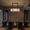 Nereus modern linear chandelier above a contemporary dining table