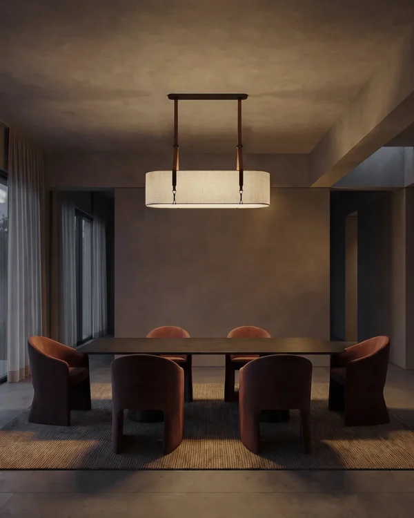 Nereus modern linear chandelier above a contemporary dining table