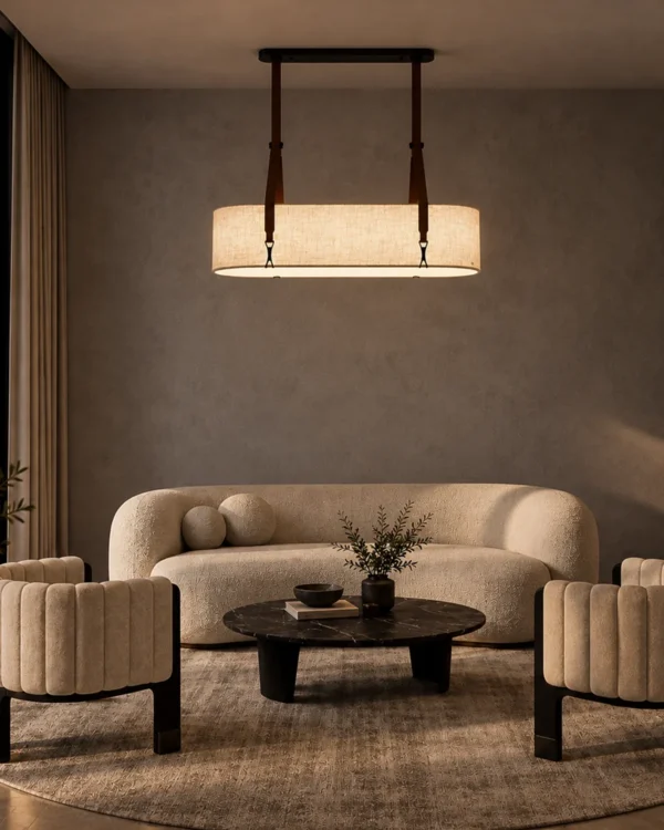 Nereus modern linear chandelier illuminating a contemporary living room