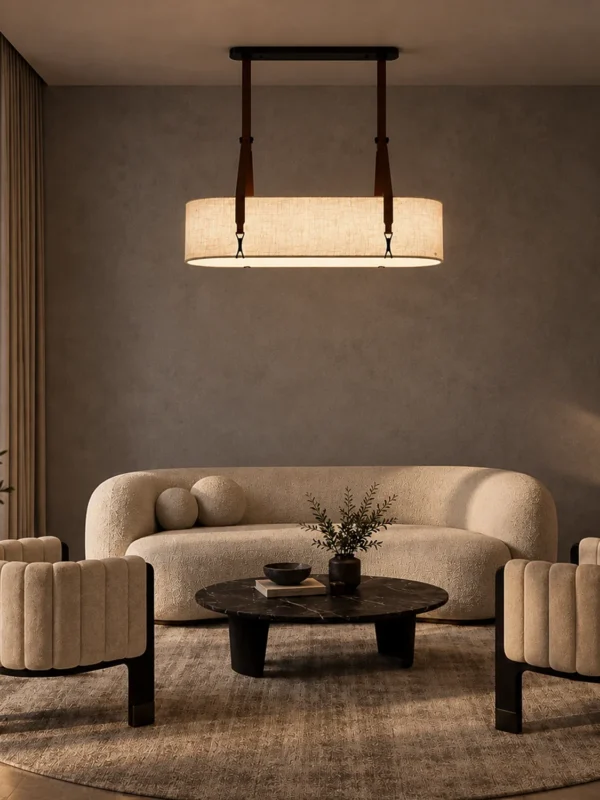 Nereus modern linear chandelier illuminating a contemporary living room