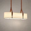 Nereus modern linear chandelier with white shade and brown suspended straps