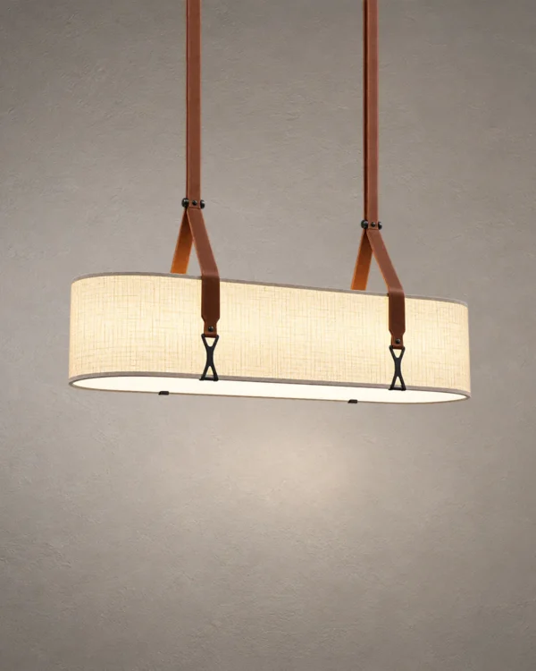 Nereus modern linear chandelier with white shade and brown suspended straps