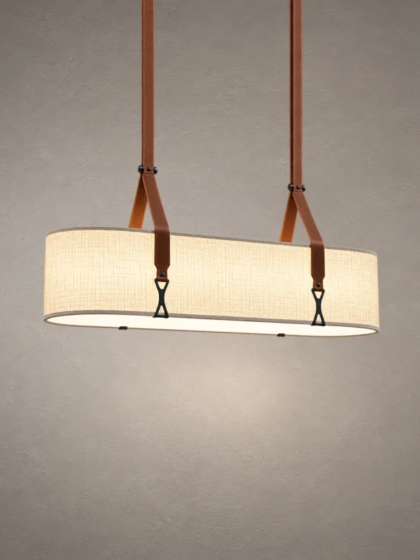 Nereus modern linear chandelier with white shade and brown suspended straps