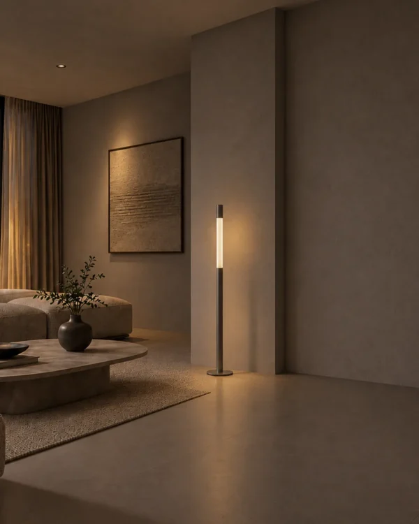 Safiya slim modern floor lamp providing ambient light in a contemporary living room