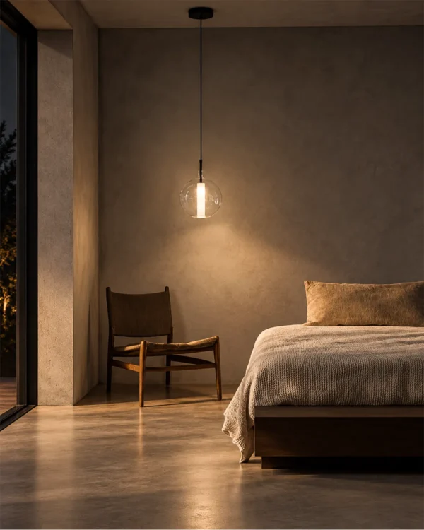Siris Round clear spherical pendant light illuminating a modern bedroom