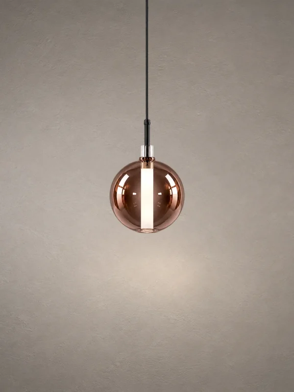 Siris Round copper spherical pendant light with black suspension detail