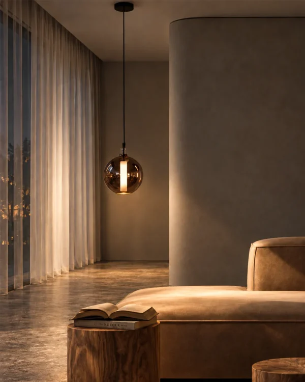 Siris Round copper spherical pendant light in a contemporary interior