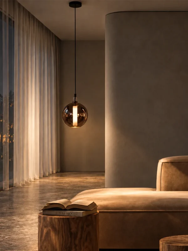 Siris Round copper spherical pendant light in a contemporary interior