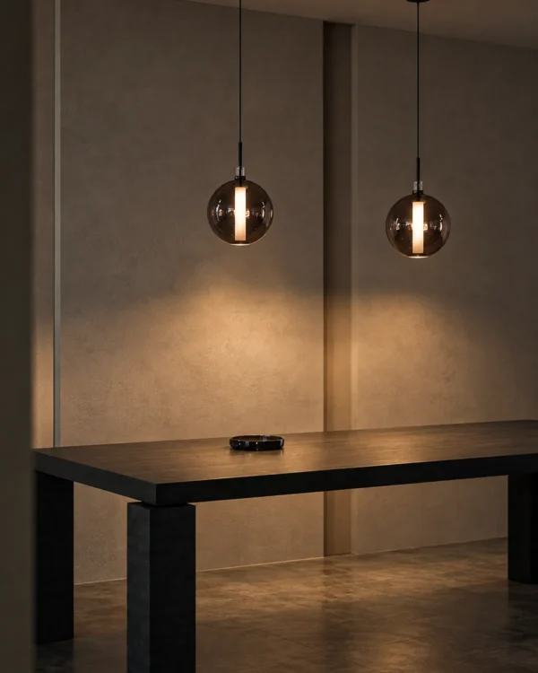 Siris Round copper pendant lights arranged above a modern dining table