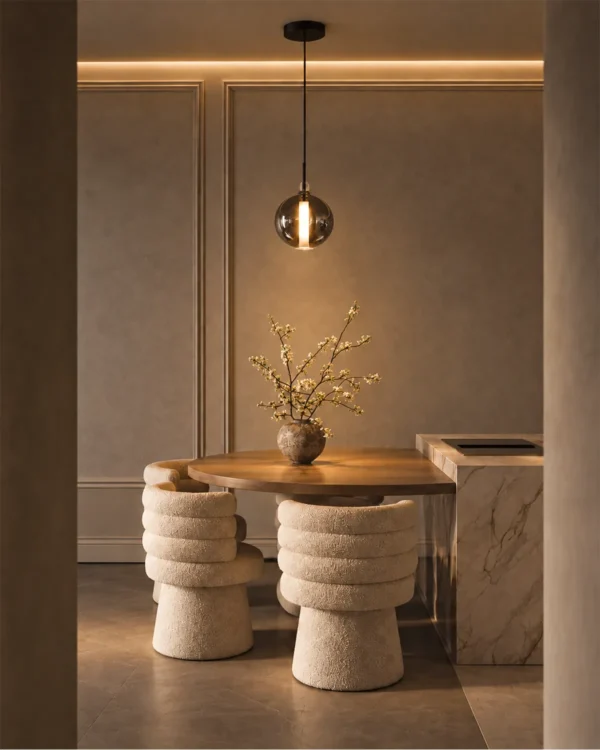 Siris Round smoky grey and black spherical pendant light in a modern interior