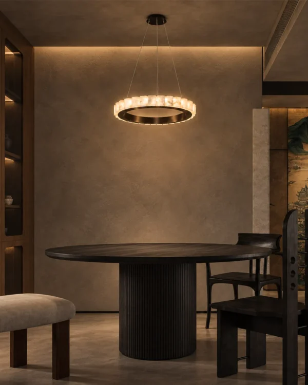 Soma dark brown circular chandelier in a modern dining interior