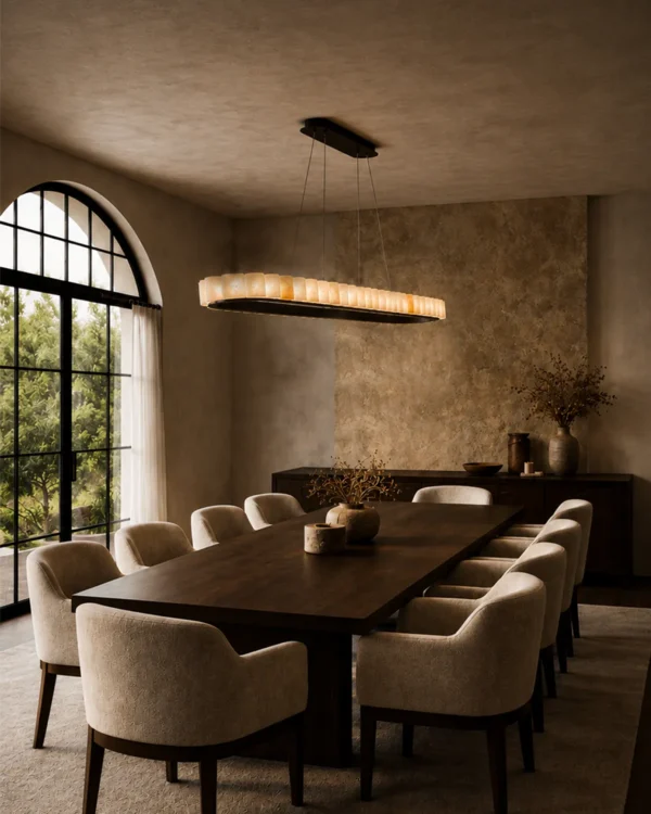 Soma Cylindrical chandelier above a contemporary dining table