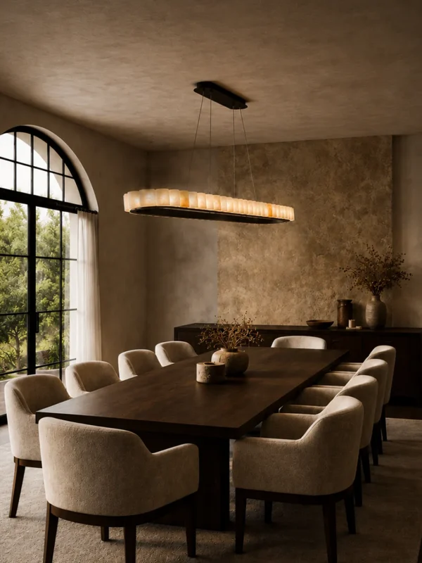Soma Cylindrical chandelier above a contemporary dining table