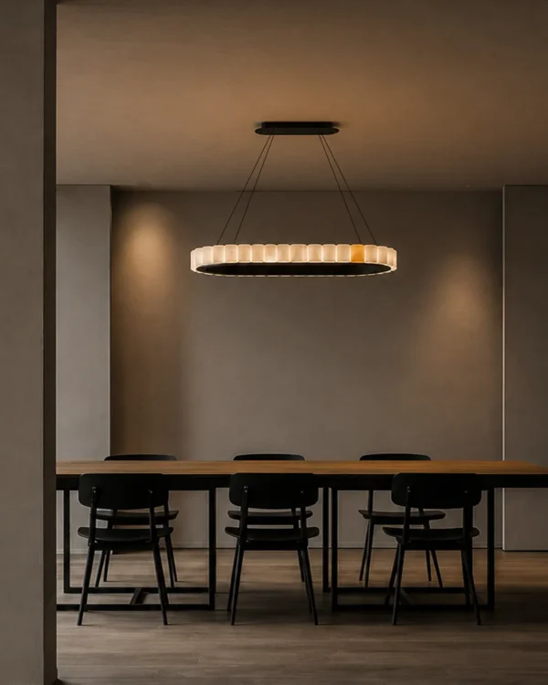 Soma Cylindrical dark brown chandelier illuminating a modern dining interior