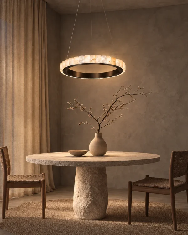 Soma modern ring chandelier illuminating a contemporary dining room