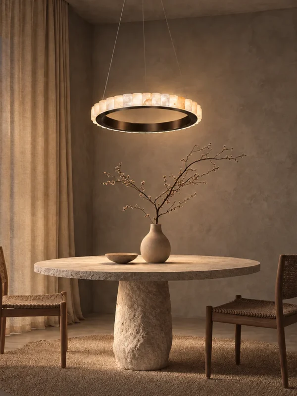 Soma modern ring chandelier illuminating a contemporary dining room