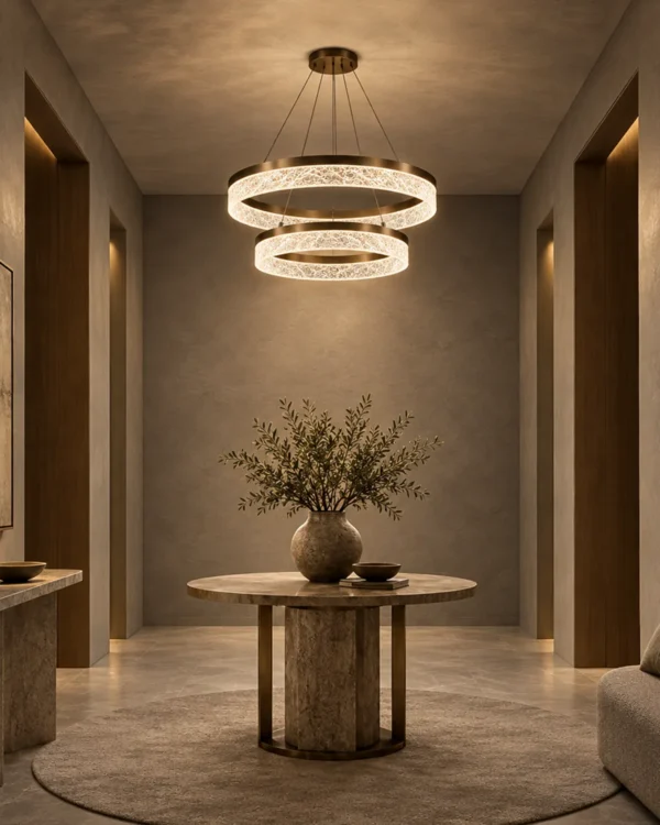 Valor Duo coffee gold double-ring chandelier illuminating a contemporary interior