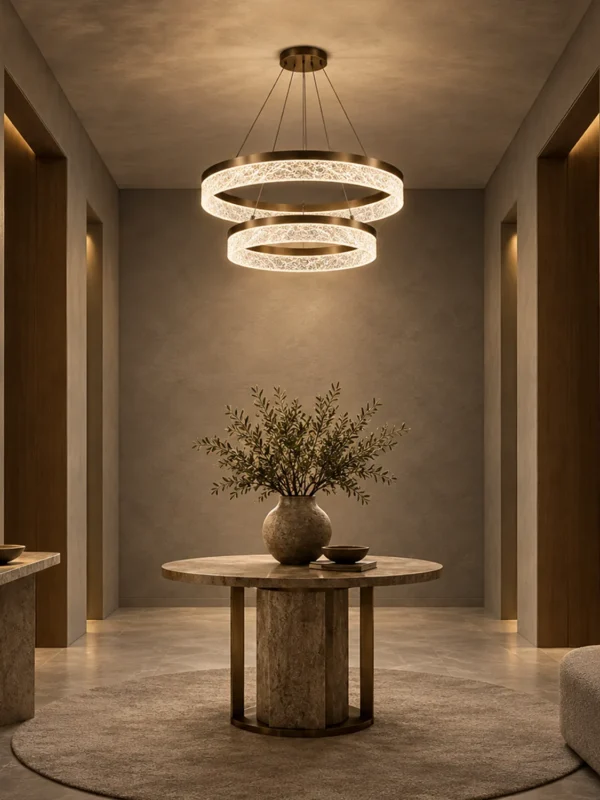 Valor Duo coffee gold double-ring chandelier illuminating a contemporary interior